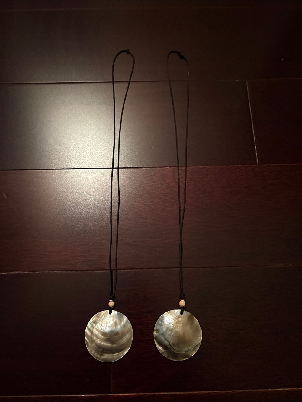 Pair of Shell Disk Pendant Necklaces with Black Cord
